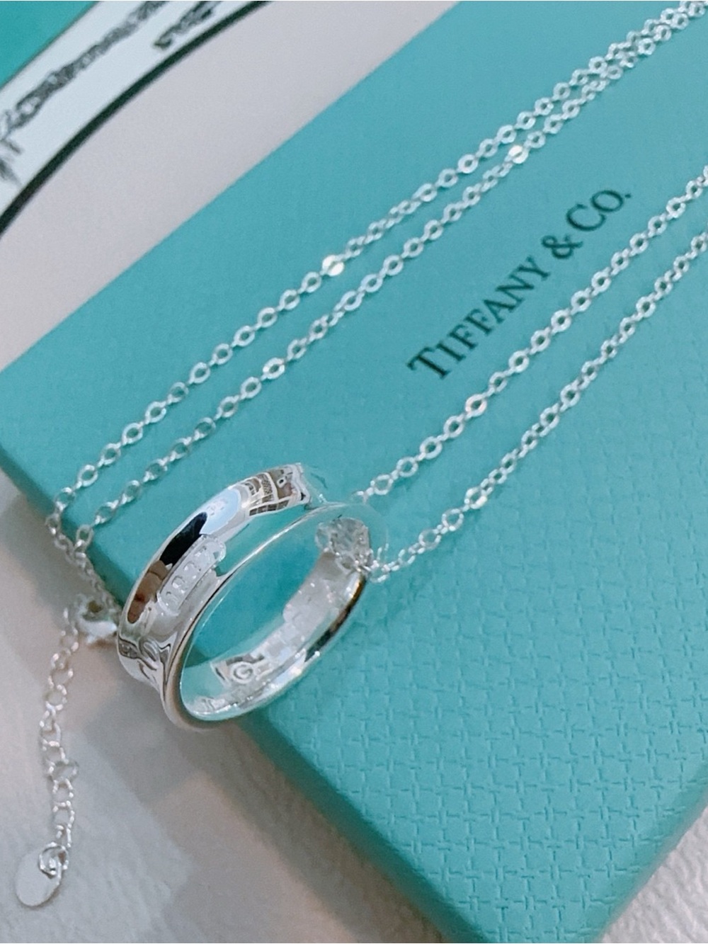 Tiffany & Co. Silver Interlocking Ring Necklace on Aqua